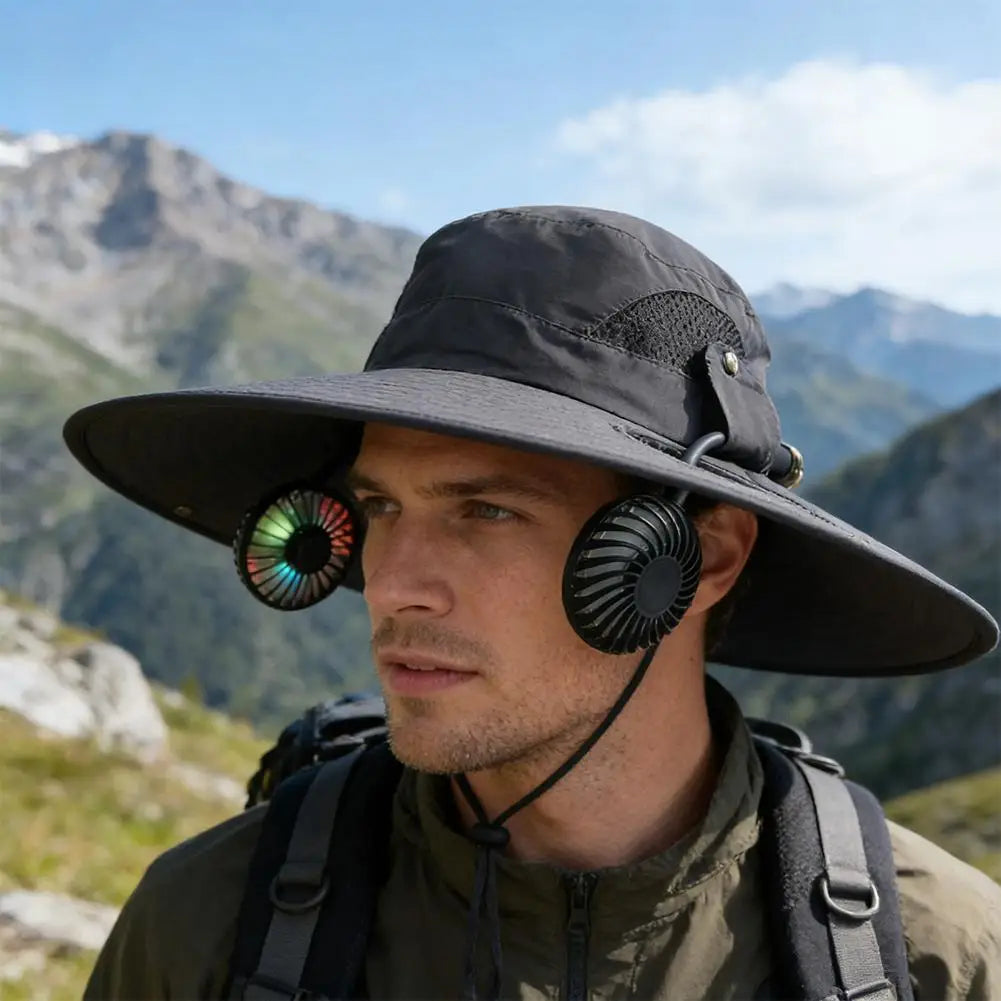 Wide Brim Solar Fan Hat With Dual Fans And USB Charging