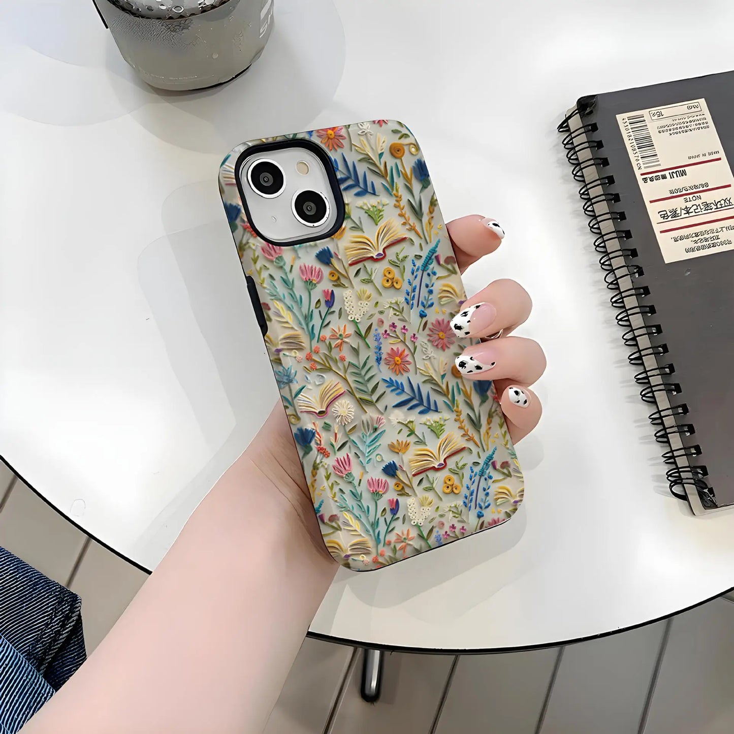 Romantic Wildflower Boho Embroidery Phone Case for iPhone 16 15 Pro Max Plus – 2 in 1 Hard Protection