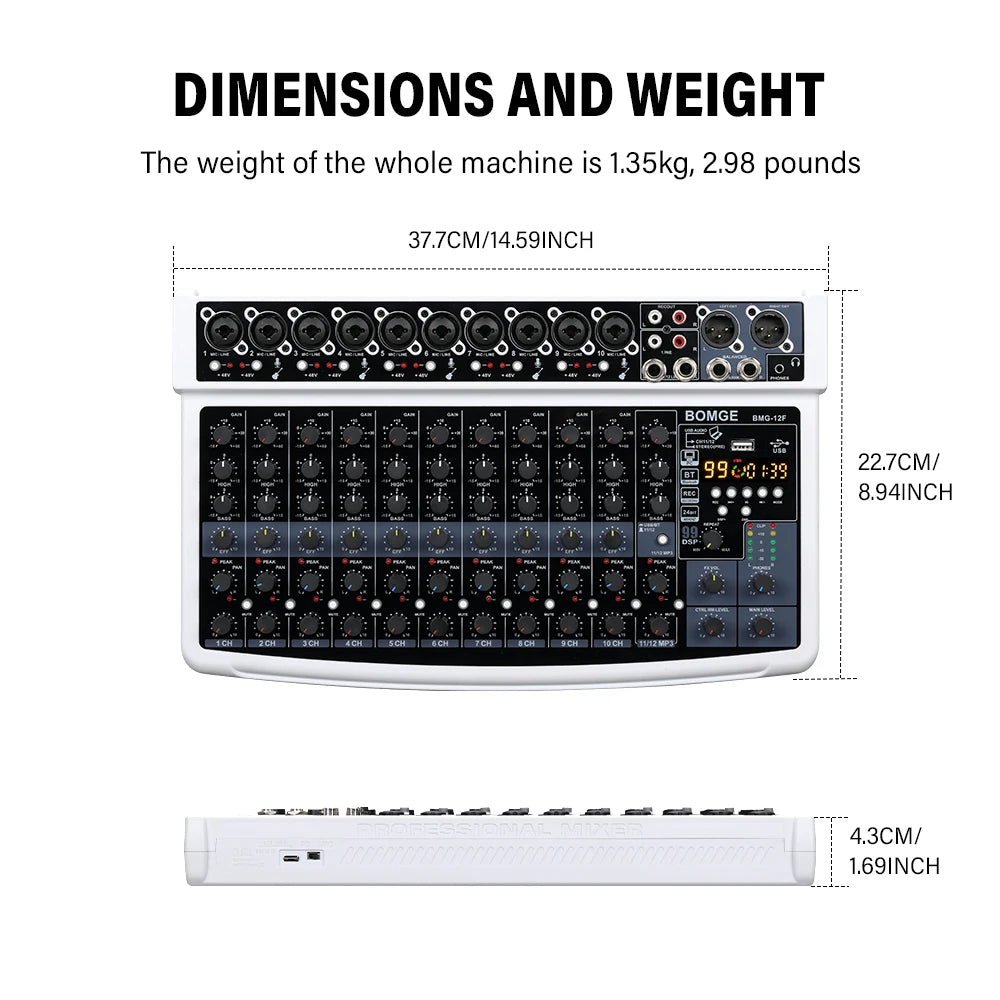 12 Channel Professional Audio Mixer with Bluetooth USB 99 DSP Effects and 48V Phantom Power