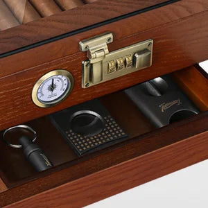 Cigar Humidor Cedar Wood Humidor Cigar Box Glass Top Desktop Humidor with Front Hygrometer Humidifier Divider Accessories Drawer