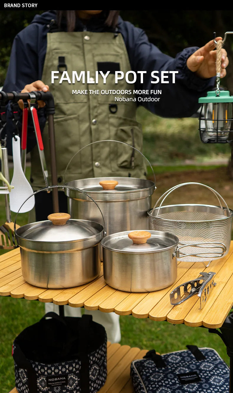 A Style Outdoor Stainless Steel 5pcs Camping Tourism Family 5L Portable Picnic Soup Frying Steaming Household