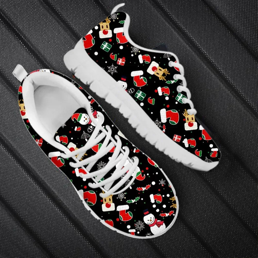 Wear-Resistant Casual Sneakers Santa Claus Snowflake Pattern Lace up Flat Shoes Women Mens Tennis Christmas Gifts