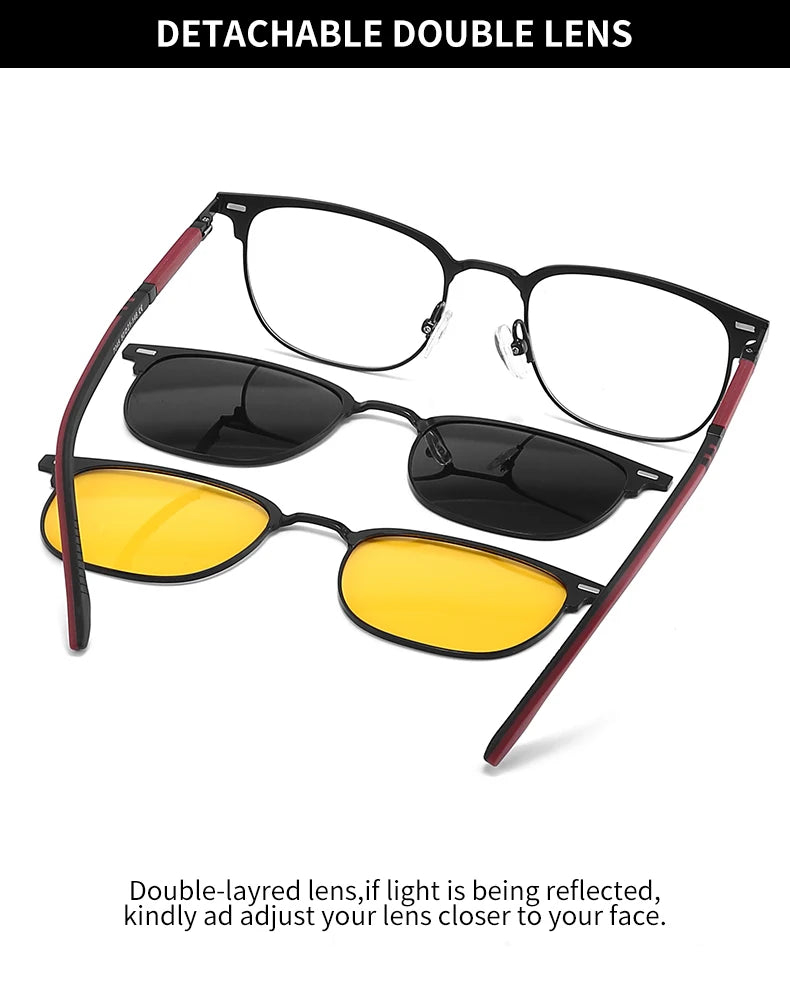 3 in 1 Magnetic Rectangle Polarized UV400 Business Sunglasses for Men Women Optical Eyewear Set