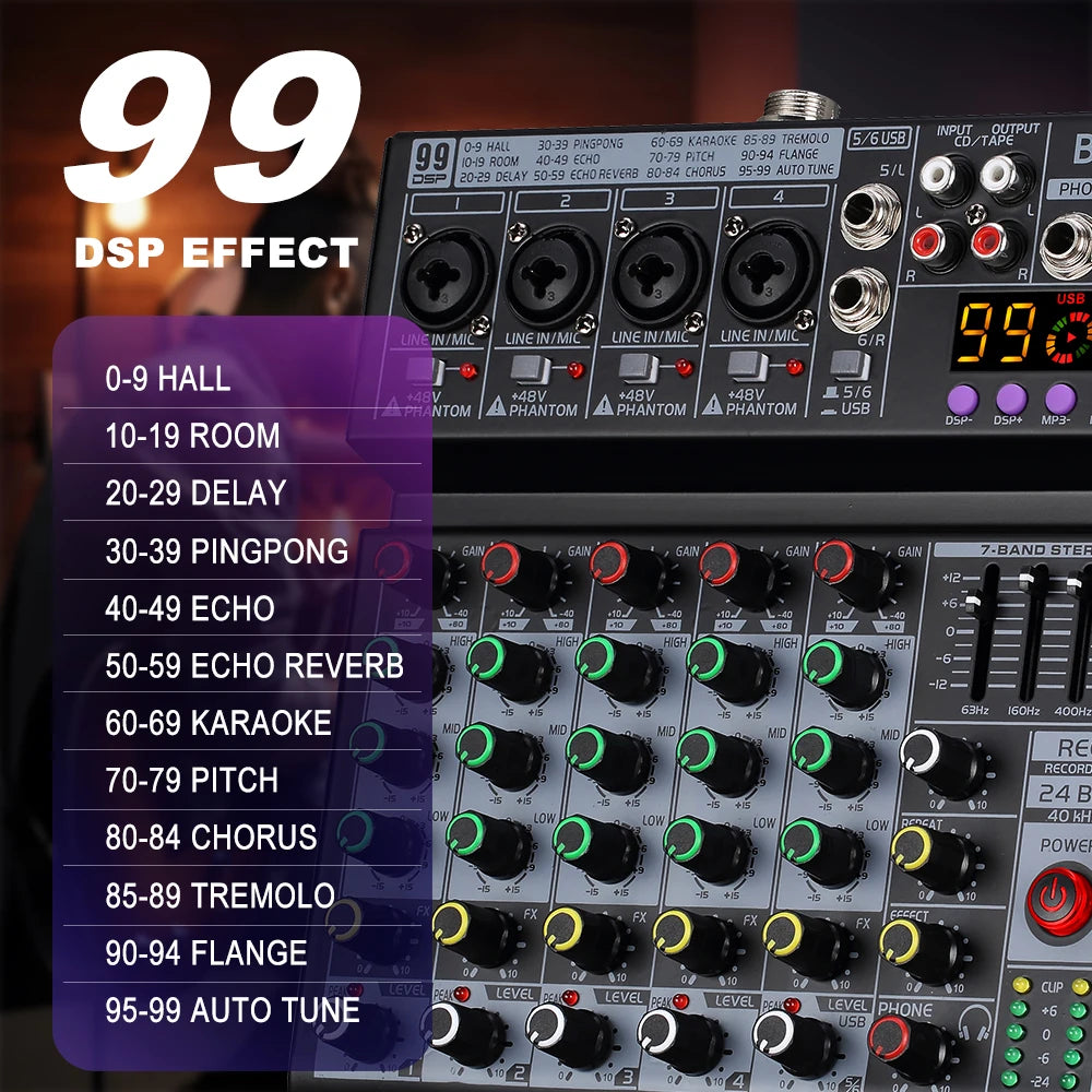 6 Channel Audio Mixing Console with 99 Effects 7 Band EQ USB Recording and Bluetooth