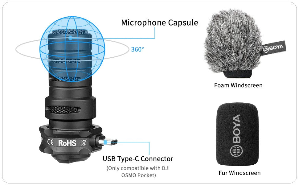 BY-DM100-OP Condenser Microphone for DJI OSMO™ Pocket Only Plug and Play Mic Live Streaming Youtube Video Recording Vlog