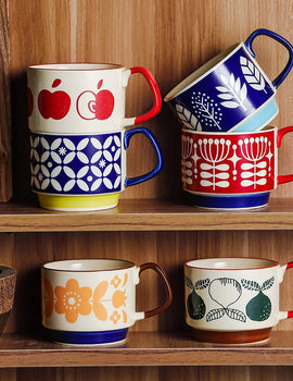 Japanese Flower Coffee Mug Set Retro Ceramic Milk Oats Mug Office Water Handgrip Cup Kitchen Party Drinkware Set 300ml