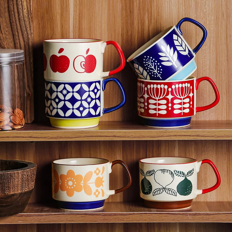 Japanese Flower Coffee Mug Set Retro Ceramic Milk Oats Mug Office Water Handgrip Cup Kitchen Party Drinkware Set 300ml