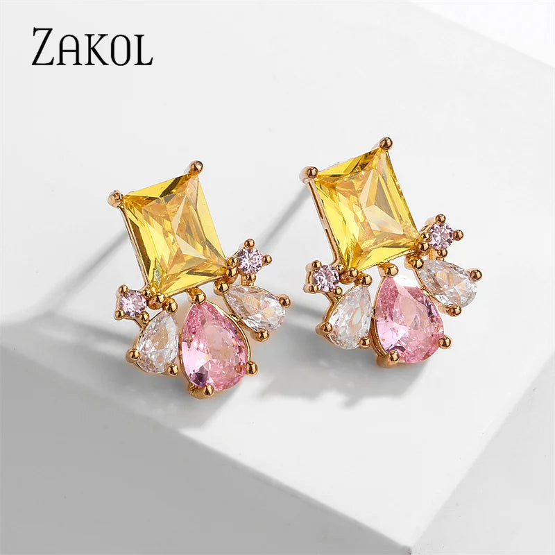 Yelllow Pink Zircon Flower Stud Earrings