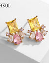 Yelllow Pink Zircon Flower Stud Earrings