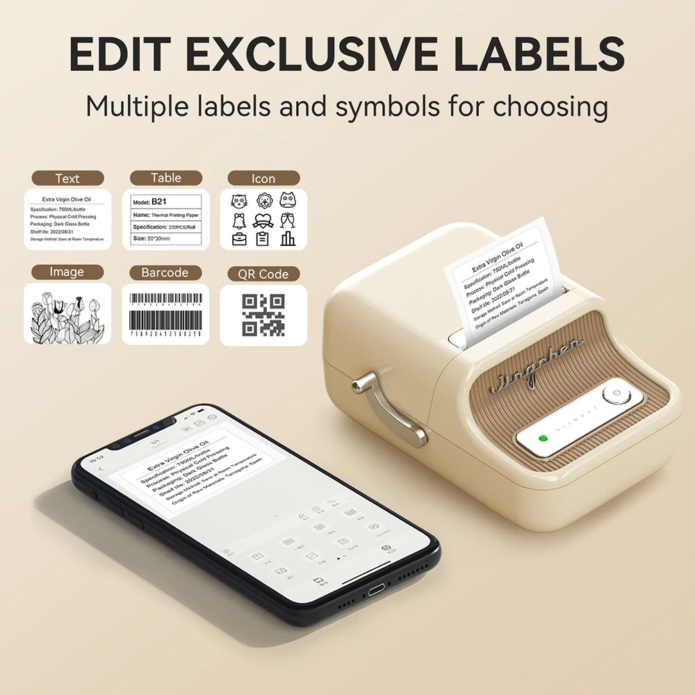 B21 Mini Thermal Label Printer, Bluetooth Wireless Barcode Label Maker, Portable Inkless Sticker Printer for Business & Office