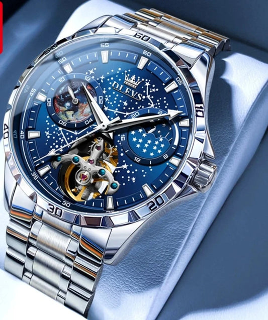 Flywheel Skeleton Automatic Watch Luminous Starry Sky Waterproof Business Wristwatch Mechanical Watch