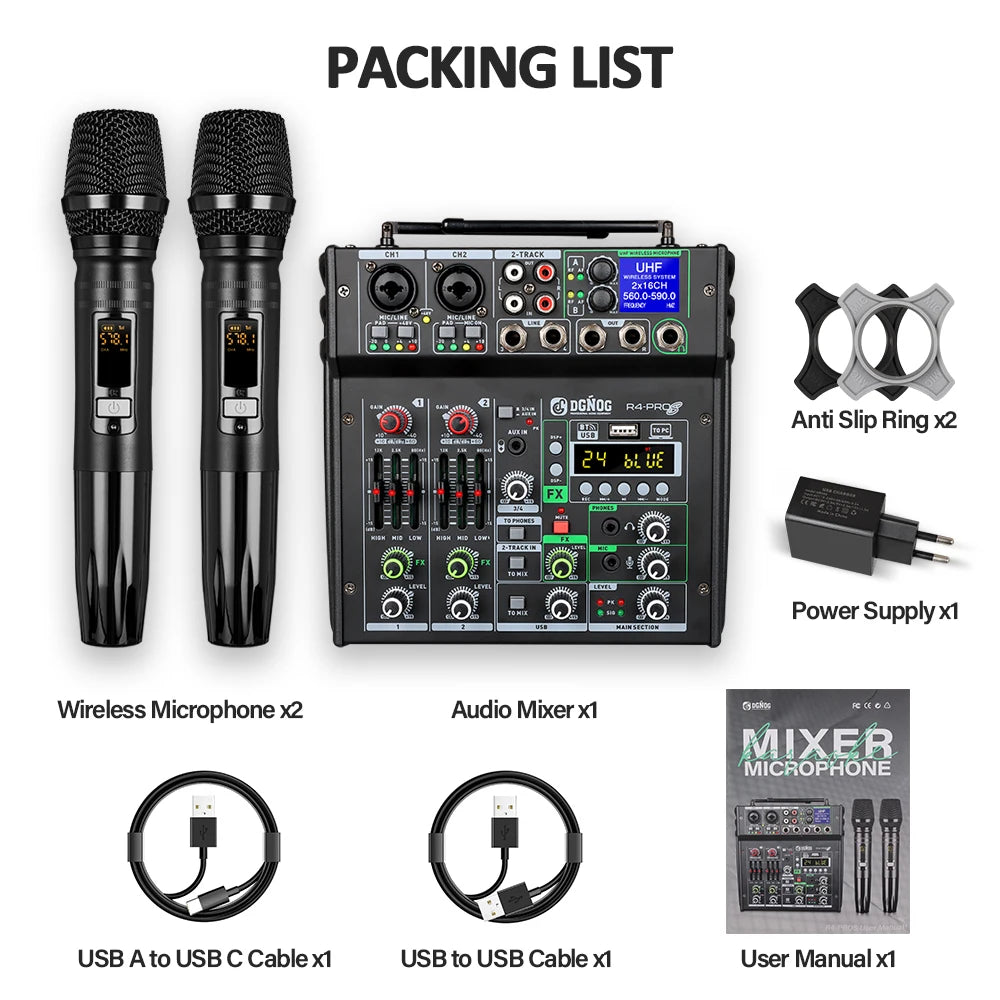 DGNOG Dual UHF Wireless Microphone DJ Audio Mixer 4 Channel Mixer Karaoke Mixer USB Bluetooth for Computer Recording Studio