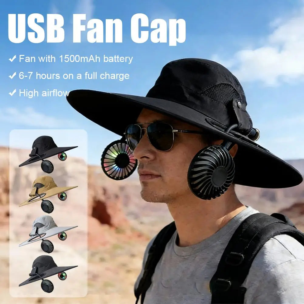 Wide Brim Solar Fan Hat With Dual Fans And USB Charging