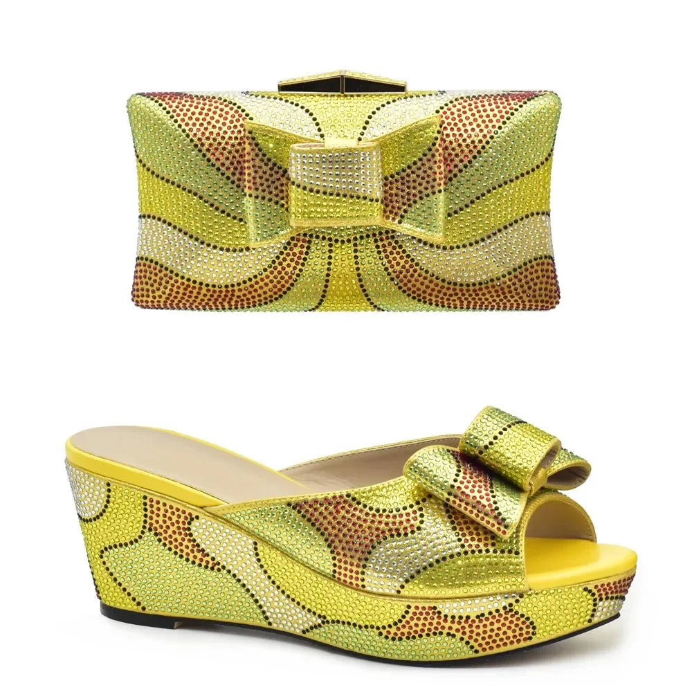 Design Italian Shoes and Bags Matching Set Decorate with Rhinestone Wedges Shoes for Women Luxury Round Toe Platform Shoes