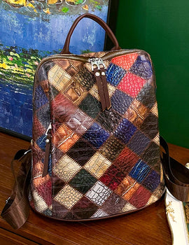 Patchwork Leather Backpacks Large Capacity Travel School Bag Retro Shoulder Bag Bagpack