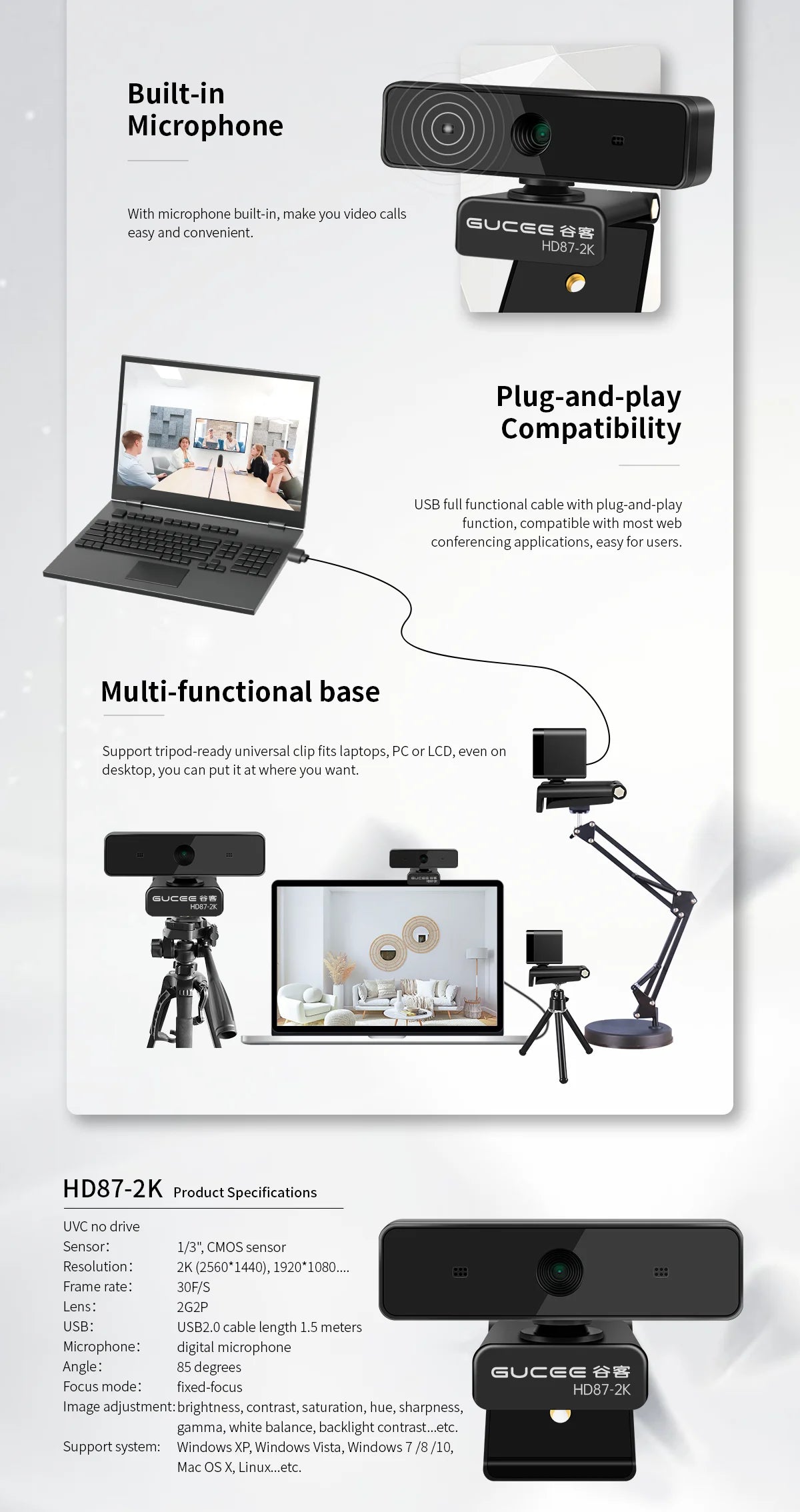 Webcam 2K UHD Web Cam for Pc USB Camera Built Microphone 2MP Fixed-focus for Laptop Live Streaming Online Teaching Computer