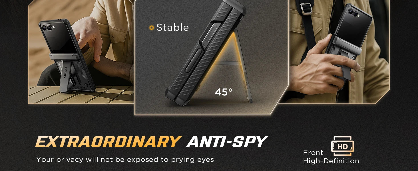 For Galaxy Z Flip 7 Case with Kickstand & 360° Rotatable Belt-Clip Built-in Privacy Screen Protector Hinge Protection Phone Case