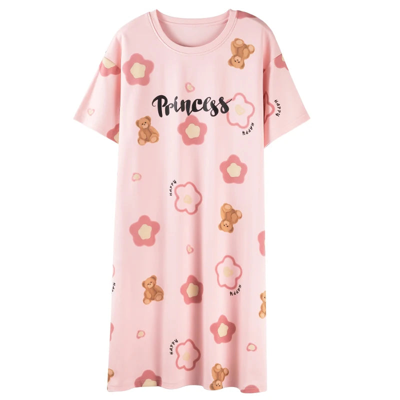 Women’s Cotton Nightgown – Korean Style Cute Print, Summer Short Sleeve Sleepwear Dress