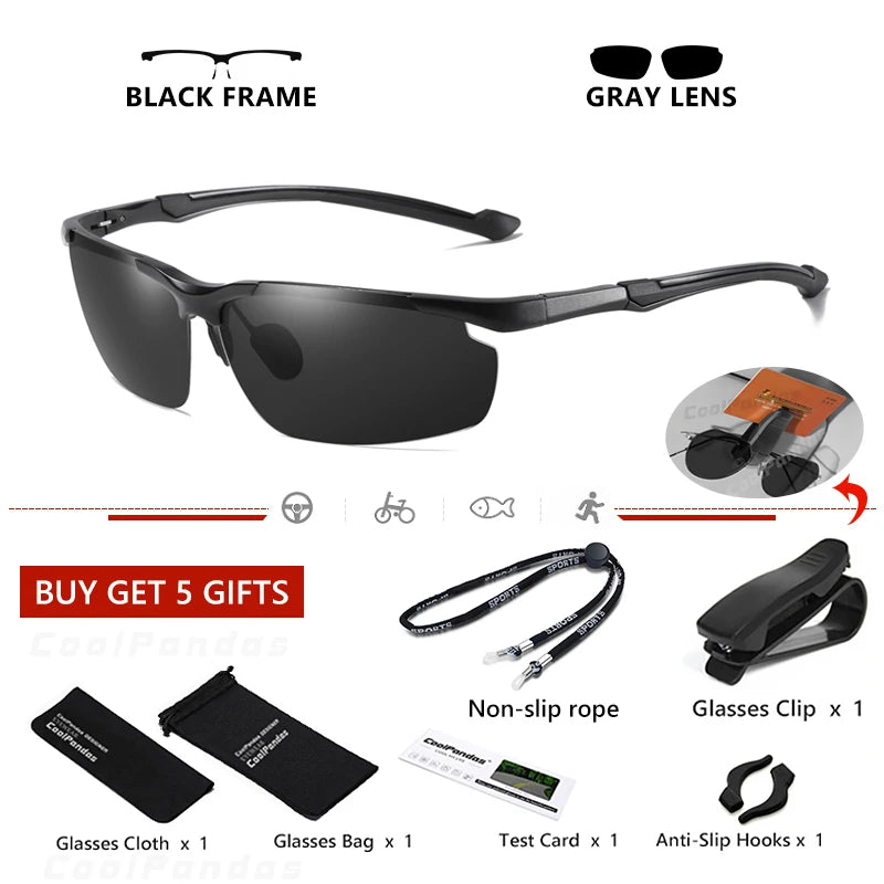 Aluminum Rimless Photochromic Polarized UV400 Day Night Driving Sunglasses for Men Women
