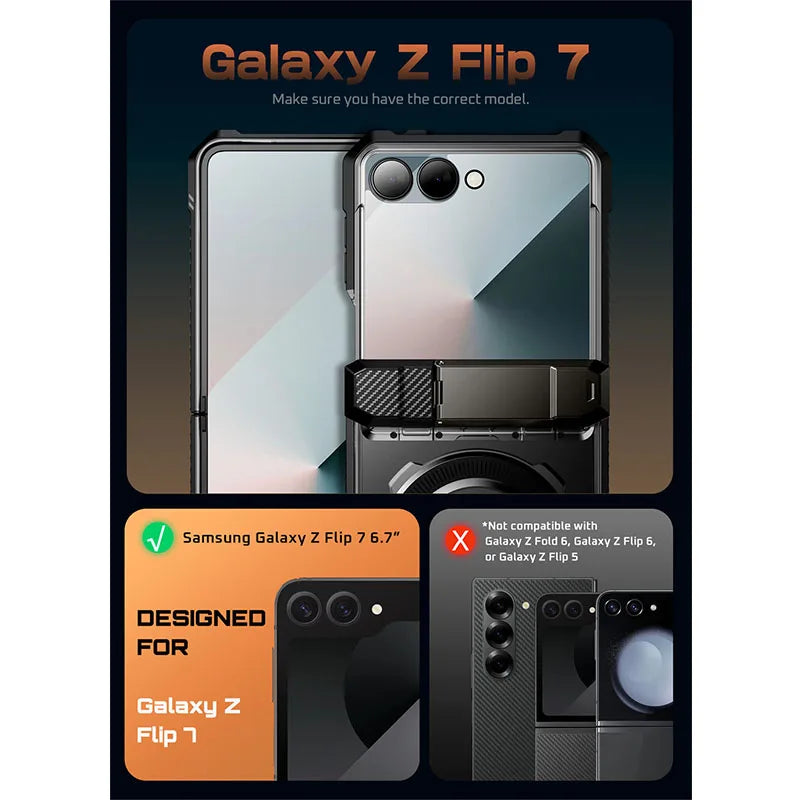 For Samsung Galaxy Z Flip 7 Case UB Grip Military-Grade Rugged Back Phone Case with Stand & Front Screen Protector