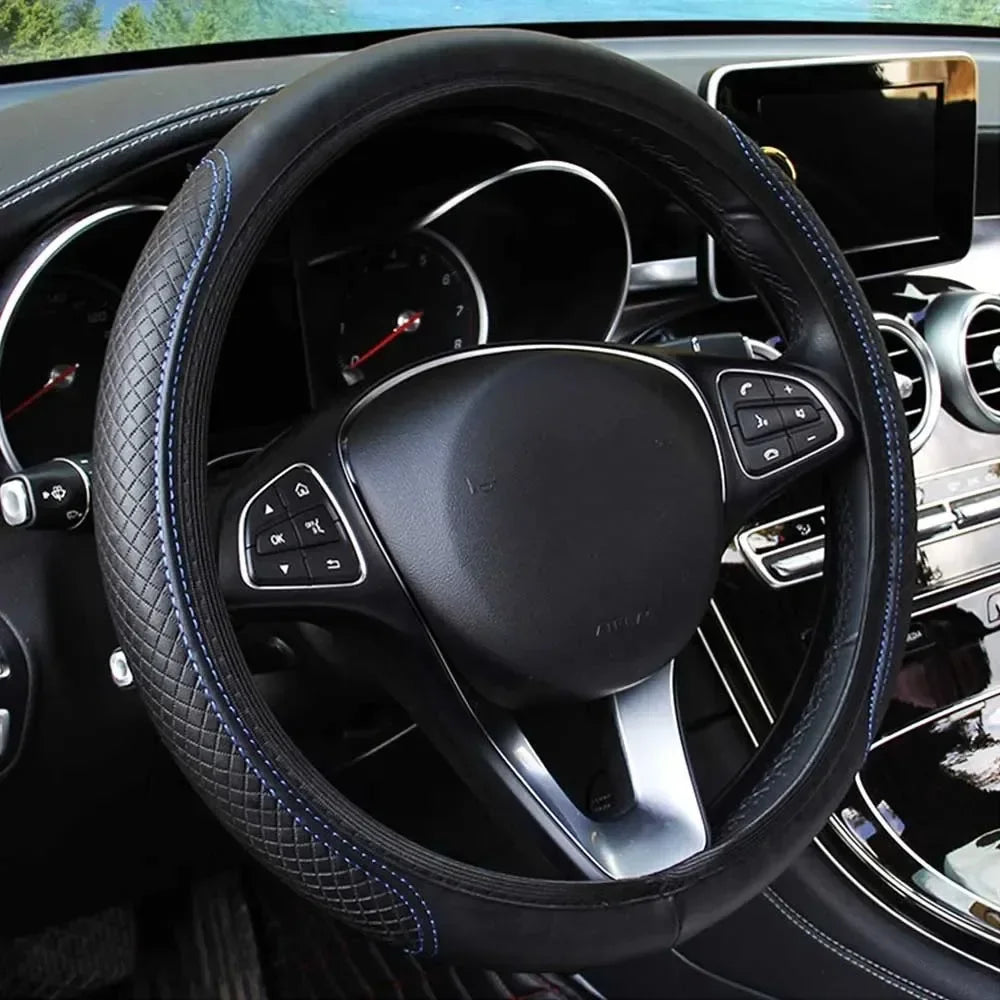 Embossed Leather Car Steering Wheel Cover Anti Slip 37CM 39CM