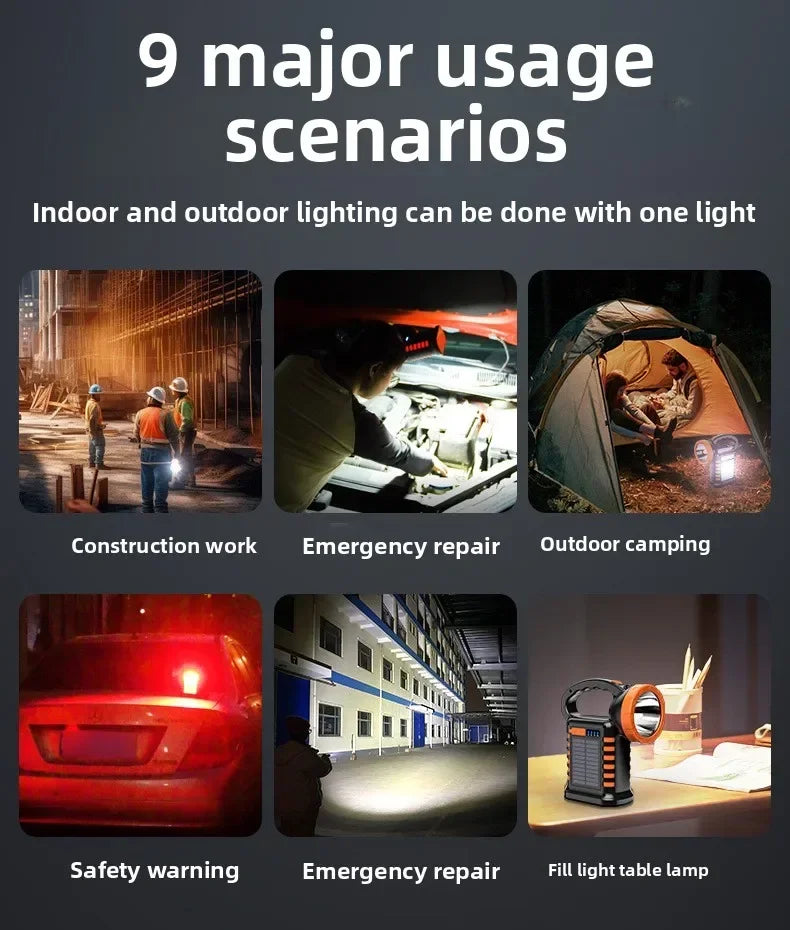 Portable Solar Rechargeable Handheld Work Light Multi-Function LED Camping Emergency Patrol Flashlight