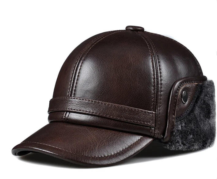 Winter Men's  Hat Thicken Leather Cowhide Baseball Caps With Ears Warm Snapback