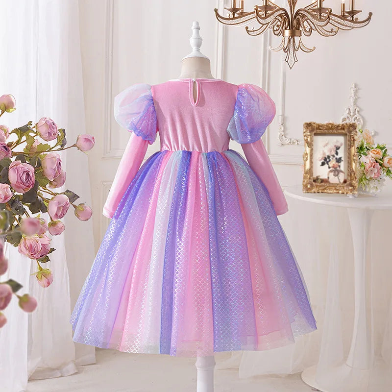 Mermaid Princess Dress - Long Sleeve Sparkling Gown  Girls Elegant Party Dress for Birthday & Stage