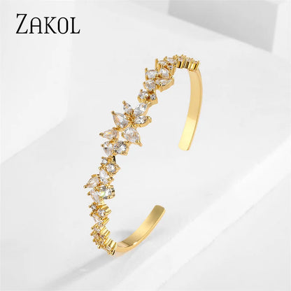 Fashion Gold Color Leaf Cuff Bangles for Women Elegant Green Cubic Zirconia Bracelets