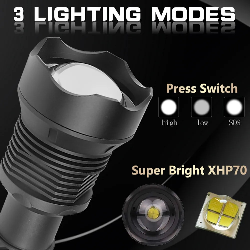 XHP70.2 LED Flashlight Rechargeable Zoom Tactical Torch USB Waterproof Camping Hunting Light
