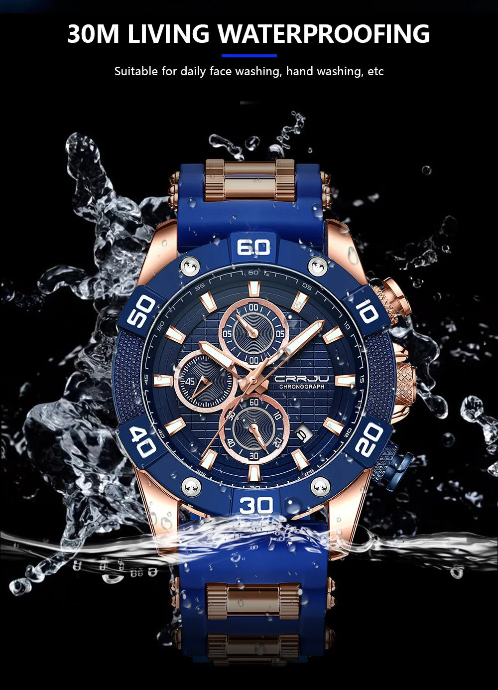 Men Watch Quartz Chronograph Full Steel Waterproof Wristwatch with Date