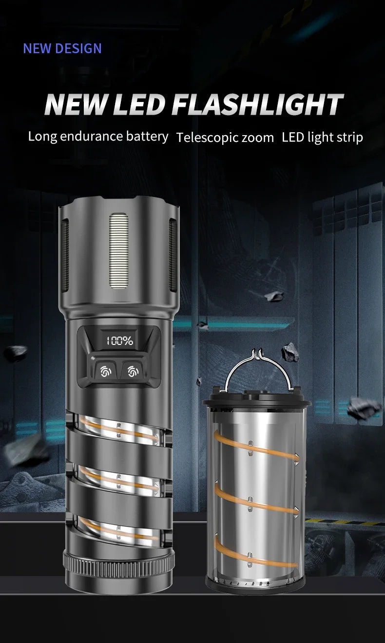 2-in-1 XHP360 High Power Tactical Flashlight Rechargeable Zoom Torch with Camping Light Power Bank Safety Hammer
