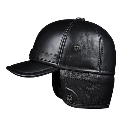 Winter Men's  Hat Thicken Leather Cowhide Baseball Caps With Ears Warm Snapback