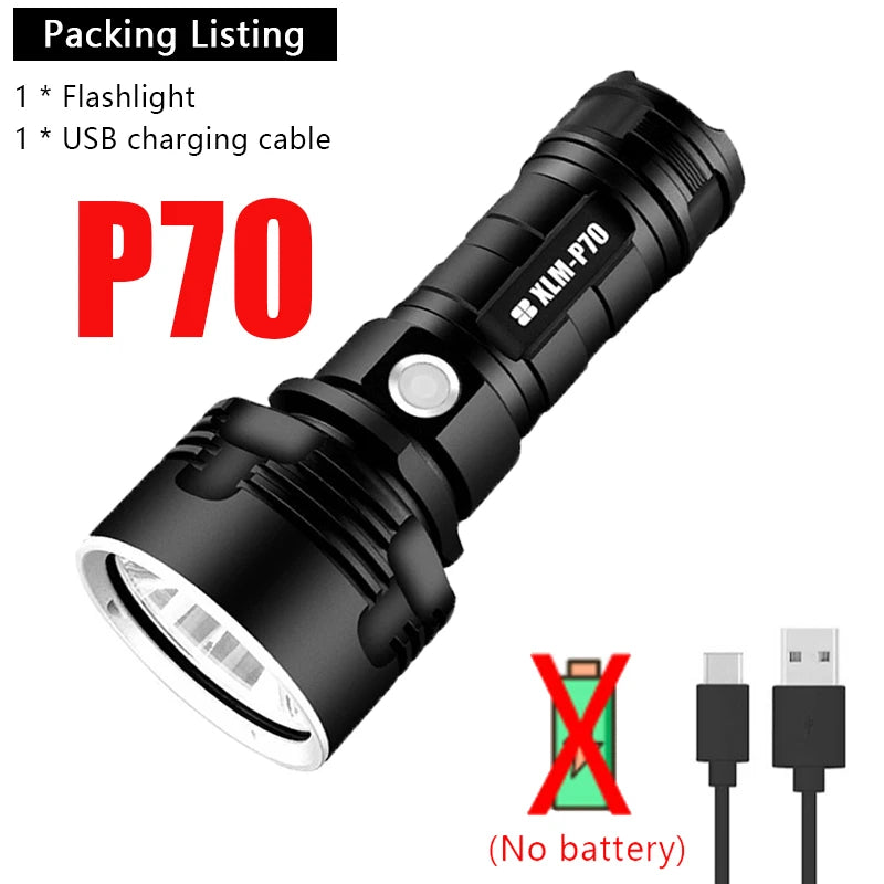 P70 LED Flashlight High Power USB Rechargeable Torch 26650 Battery Waterproof Outdoor Camping Light