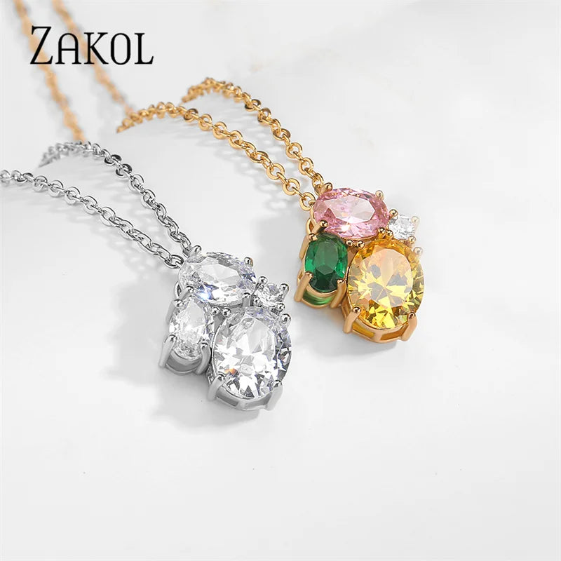 Fashion Mutilcolor Crystal Pendant Necklaces for Women Korean Oval Cubic Zirconia Necklace