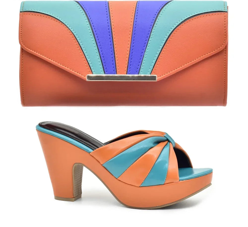 Italian Design Fashion African Women's High Heel Comfortable Shoes and Bags Set Leather Wedges Shoes for Women