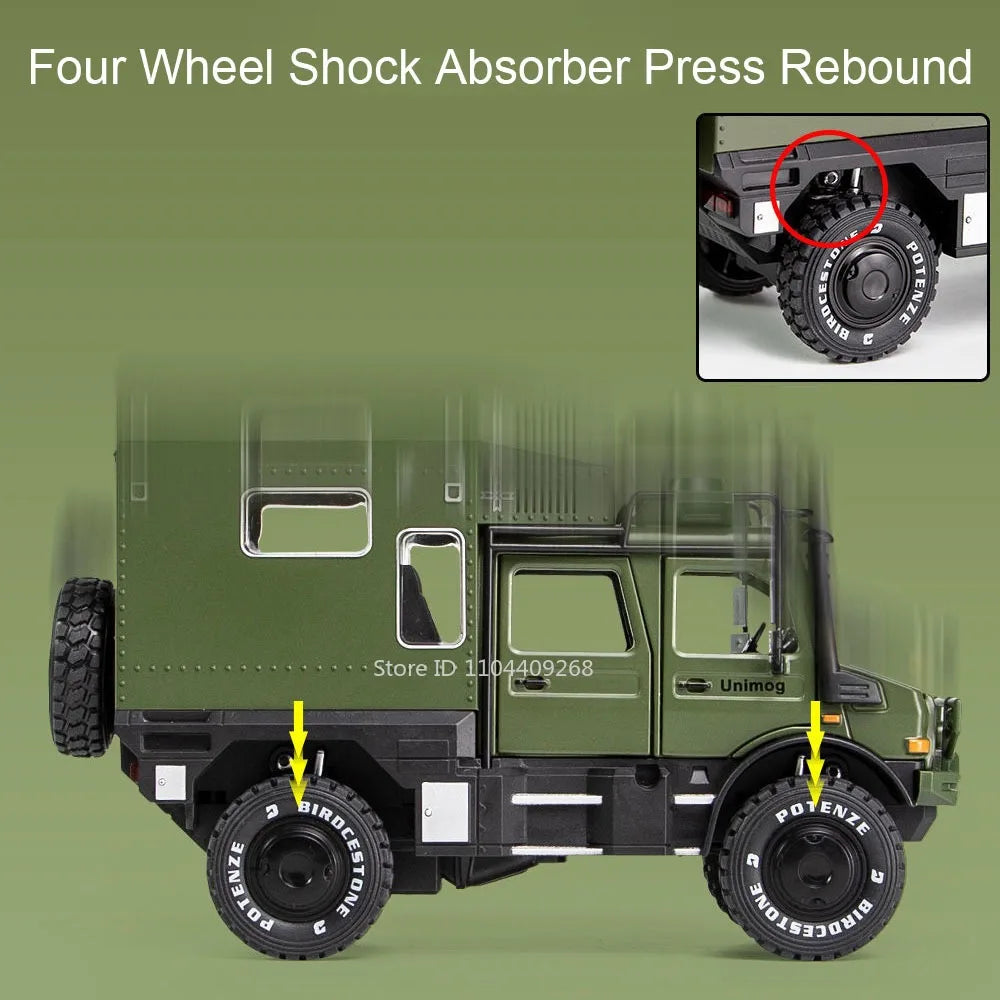 1:28 Scale Unimog U5000 Land Rover Defender Toy Car Model Rubber Tire Alloy Diecast Sound Light Off-Road Vehicle  Toy