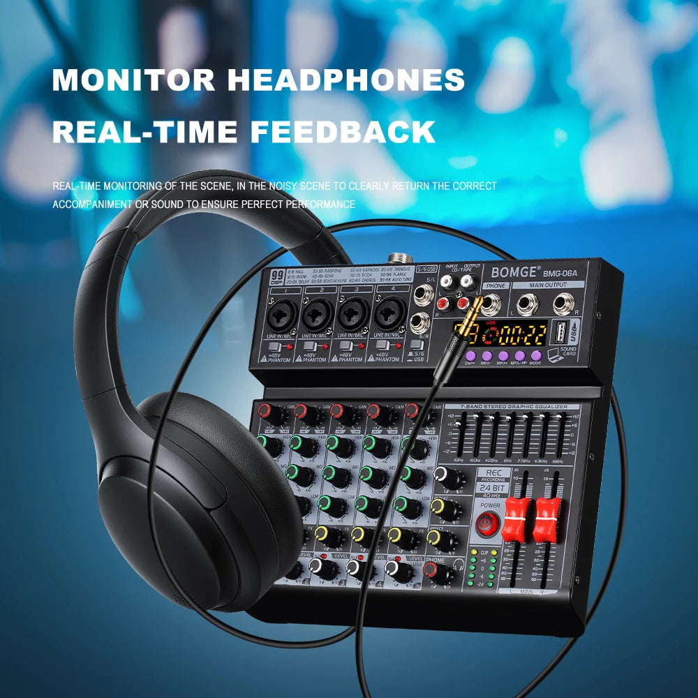 6 Channel Audio Mixing Console with 99 Effects 7 Band EQ USB Recording and Bluetooth
