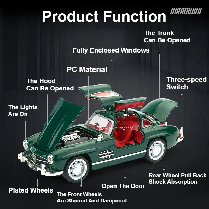 1:32 500K 300SL Vintage Car Model Toy Shock Absorption Alloy Diecast Vehicle Models Sound Light Pull Back Collection Gifts