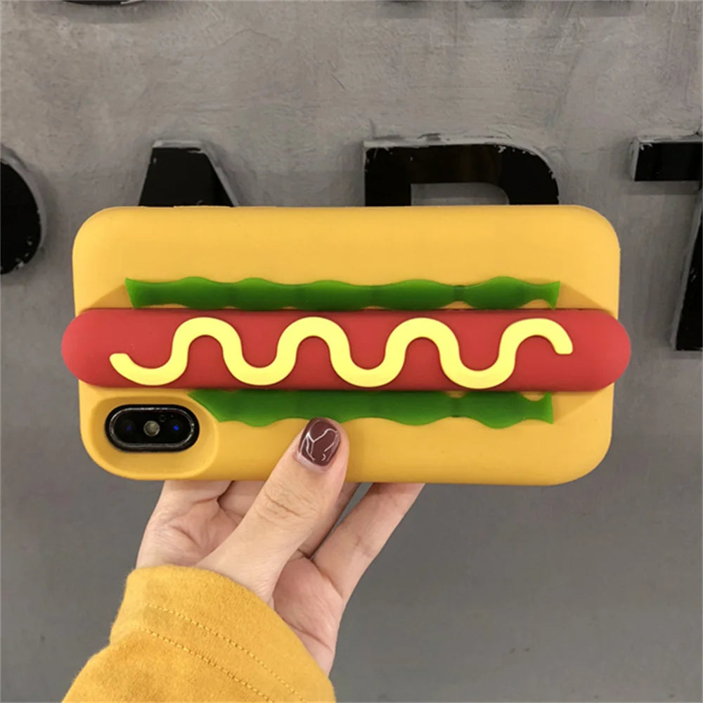 INS Cute Cartoon Funny Hot Dog Sausage 3D Vivid Phone Case For iPhone 16 15 14 13 Pro Max Plus Creative Soft Back Cover