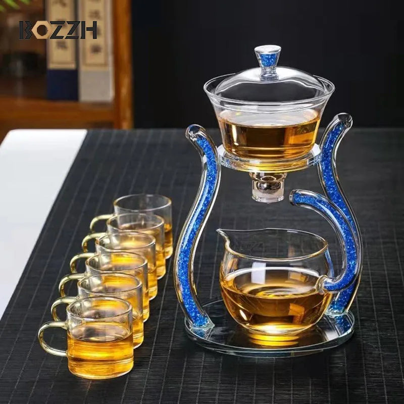 Glass Teapot Set Glass Automatic Lazy Tea Set Rotating Cover Kung Fu Heat-Resistant Teapot 6 Cups
