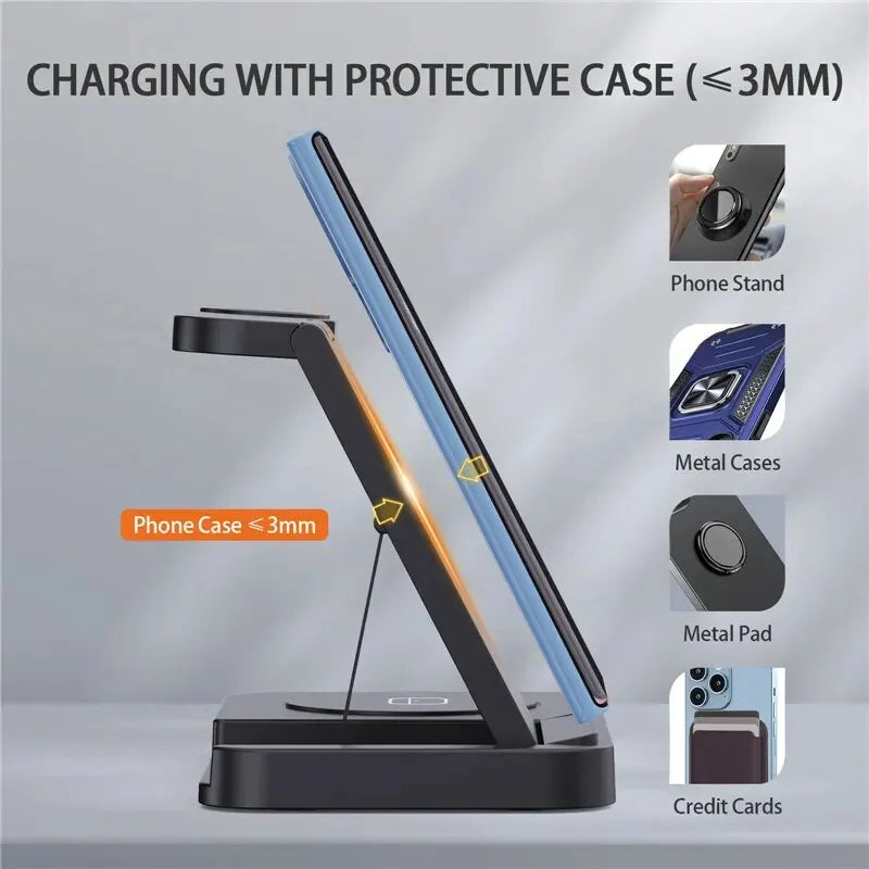 4 In 1 Wireless Charger Stand For iPhone 15 14 13 12 Samsung S23 S22 Ultra Note Galaxy Watch Foldable Fast Charging Station Dock
