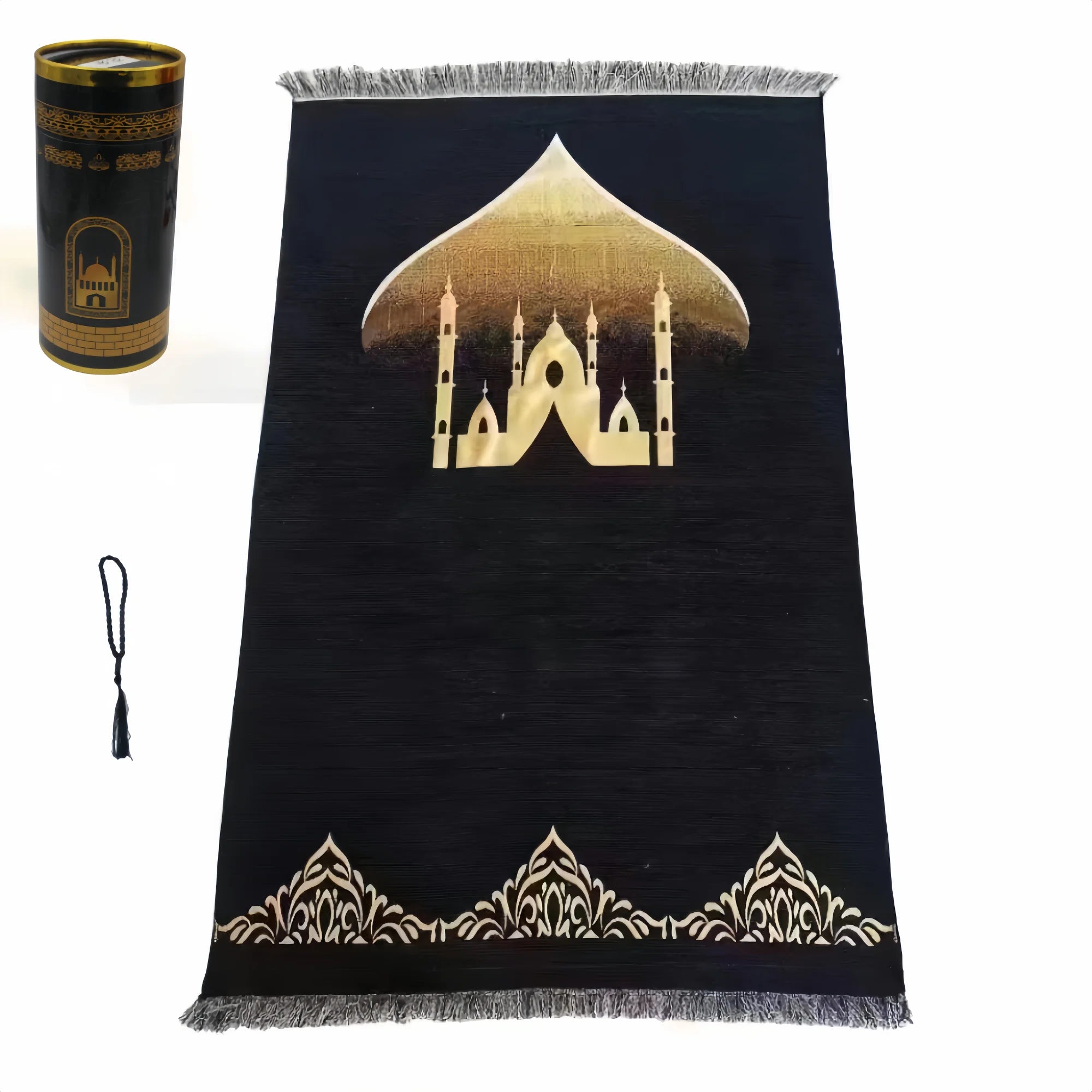 Lightweight Prayer Rug and Prayer Beads with Elegant Cylinder Gift Box Soft Sajadah Islamic Gifts Set Portable Prayers Mat Black