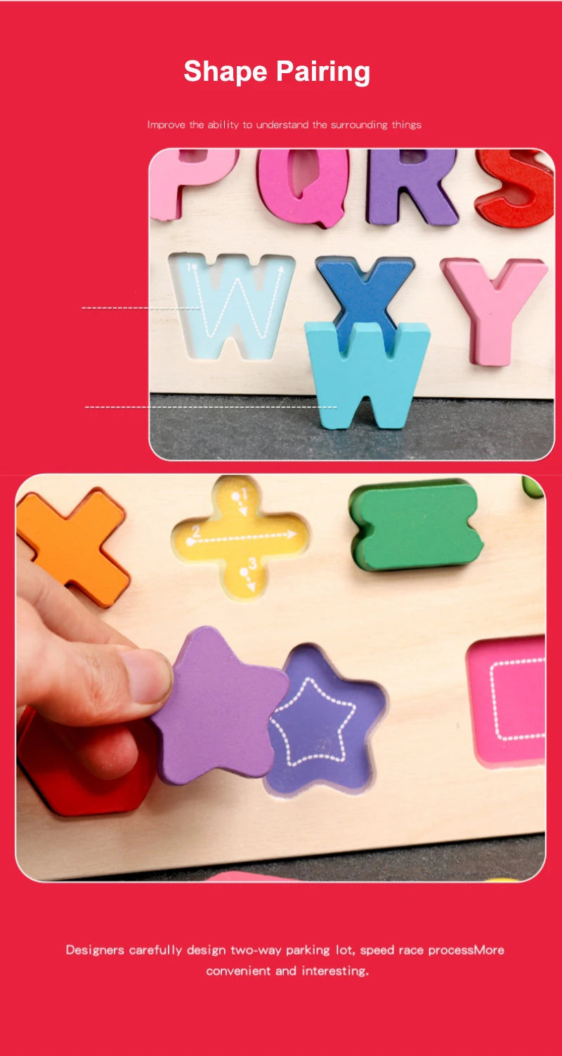 Montessori  Wooden Puzzle Toys  Cognitive Letter Number Hand Grab Puzzle Board Early Educational Toys for 2 to 4