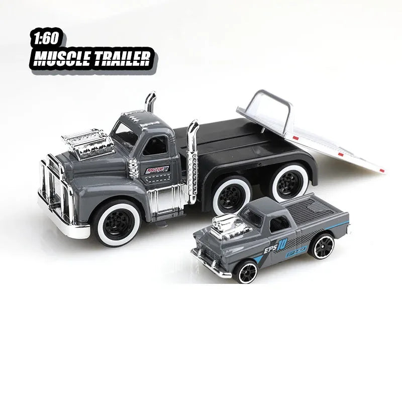 1:60 Scale American Muscle Alloy Trailer Cars Diecast Models Toys with Sound Light Pull Back Vehicle Boys Collection Gifts