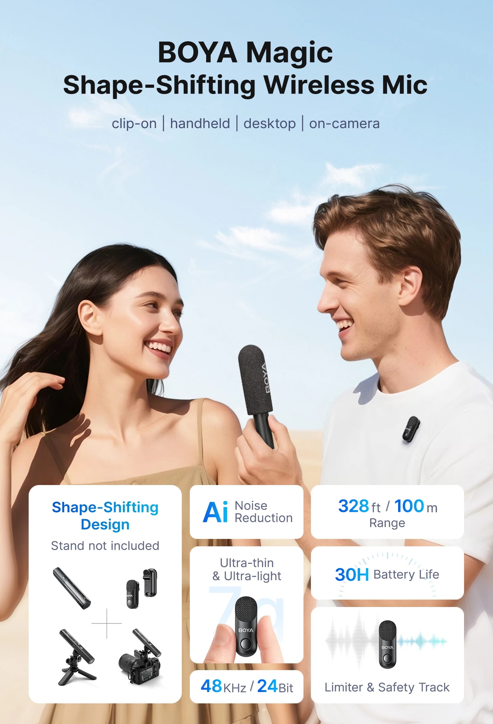 Magic Professional Wireless Lapel Microphone Shotgun/Desktop/Handheld Mic for iPhone Android Camera PC Video Recording