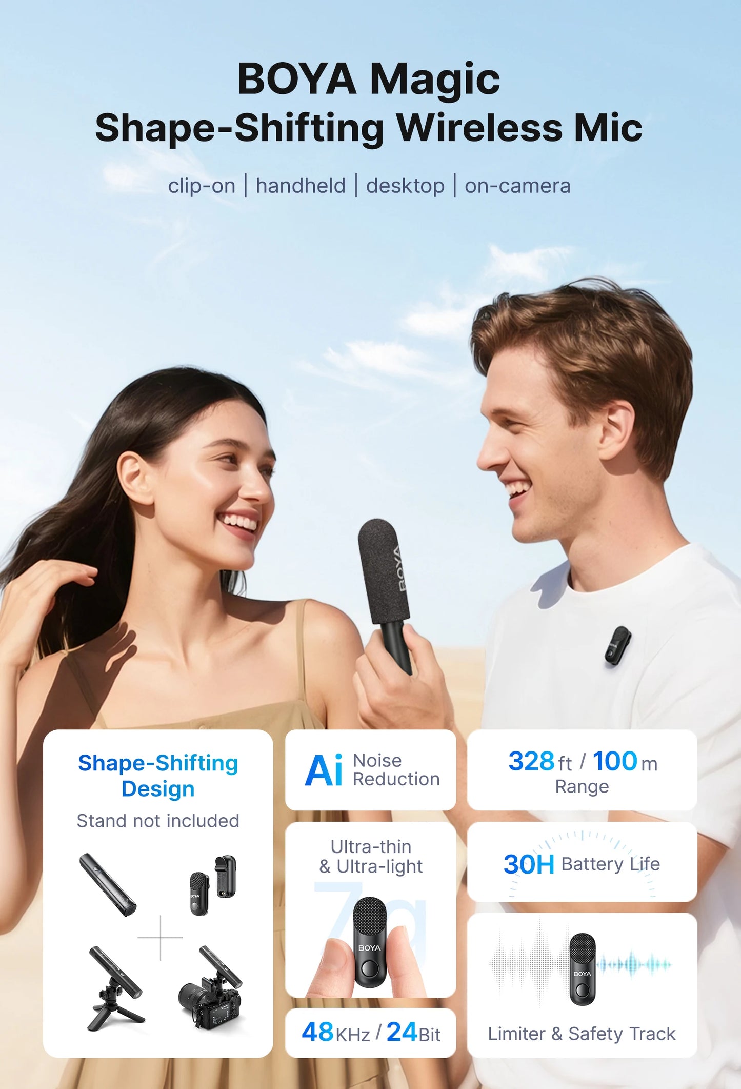 Magic Professional Wireless Lapel Microphone Shotgun/Desktop/Handheld Mic for iPhone Android Camera PC Video Recording