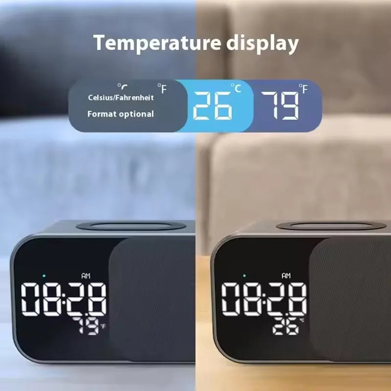 15W wireless charging Dual alarm clock home Bluetooth speaker with night light Bluetooth subwoofer temperature display FM/TF/AUX