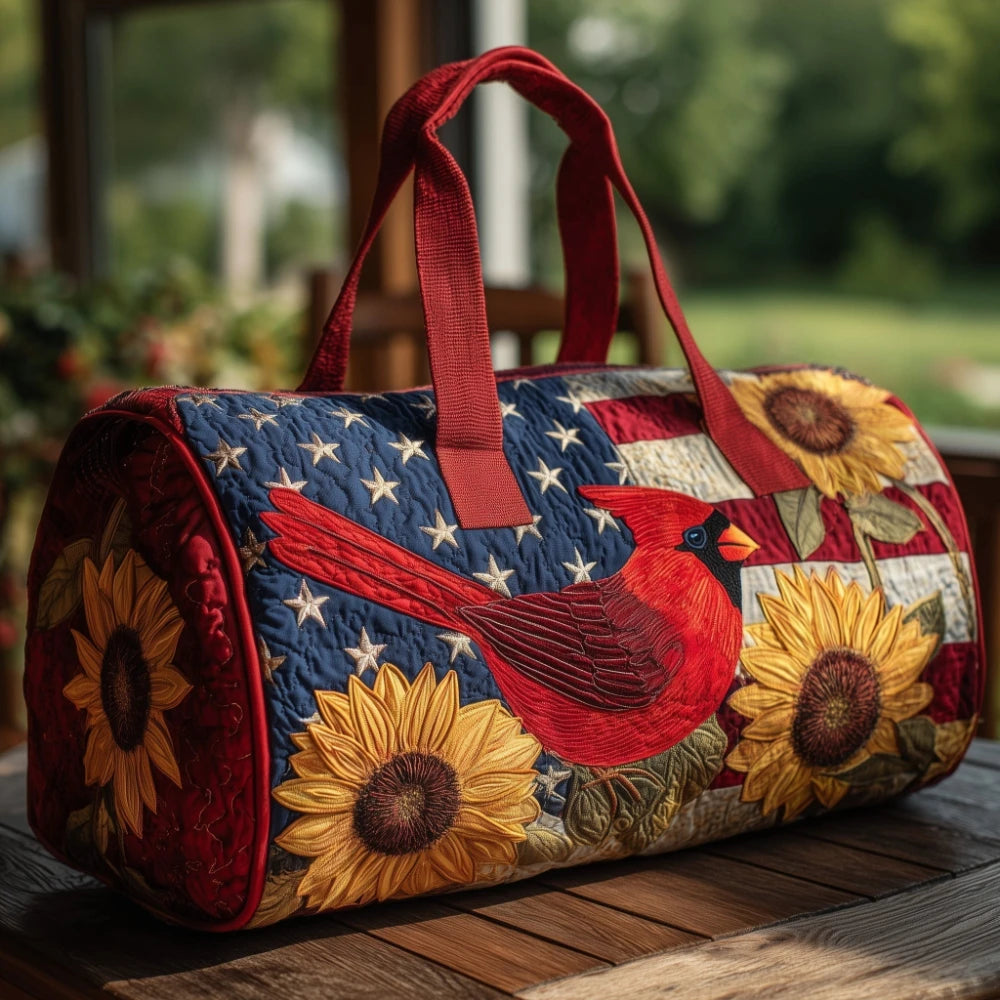 Women Vintage Patriotic Stars Stripes Quilted Duffel Bag Handmade 3D Rose Cardinals Print Weekender Bag Travel Gym Overnight Bag