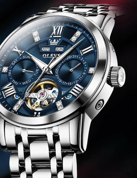 Original Automatic Mechancial Watch Skeleton Flywheel Design Calendar Stainless steel Business Men's Wrist watch